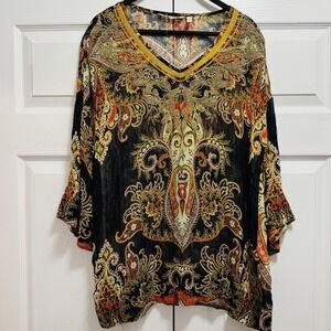 Soft Surroundings Black Gold Multi‎ Sheer Tunic Top Boho Size Small